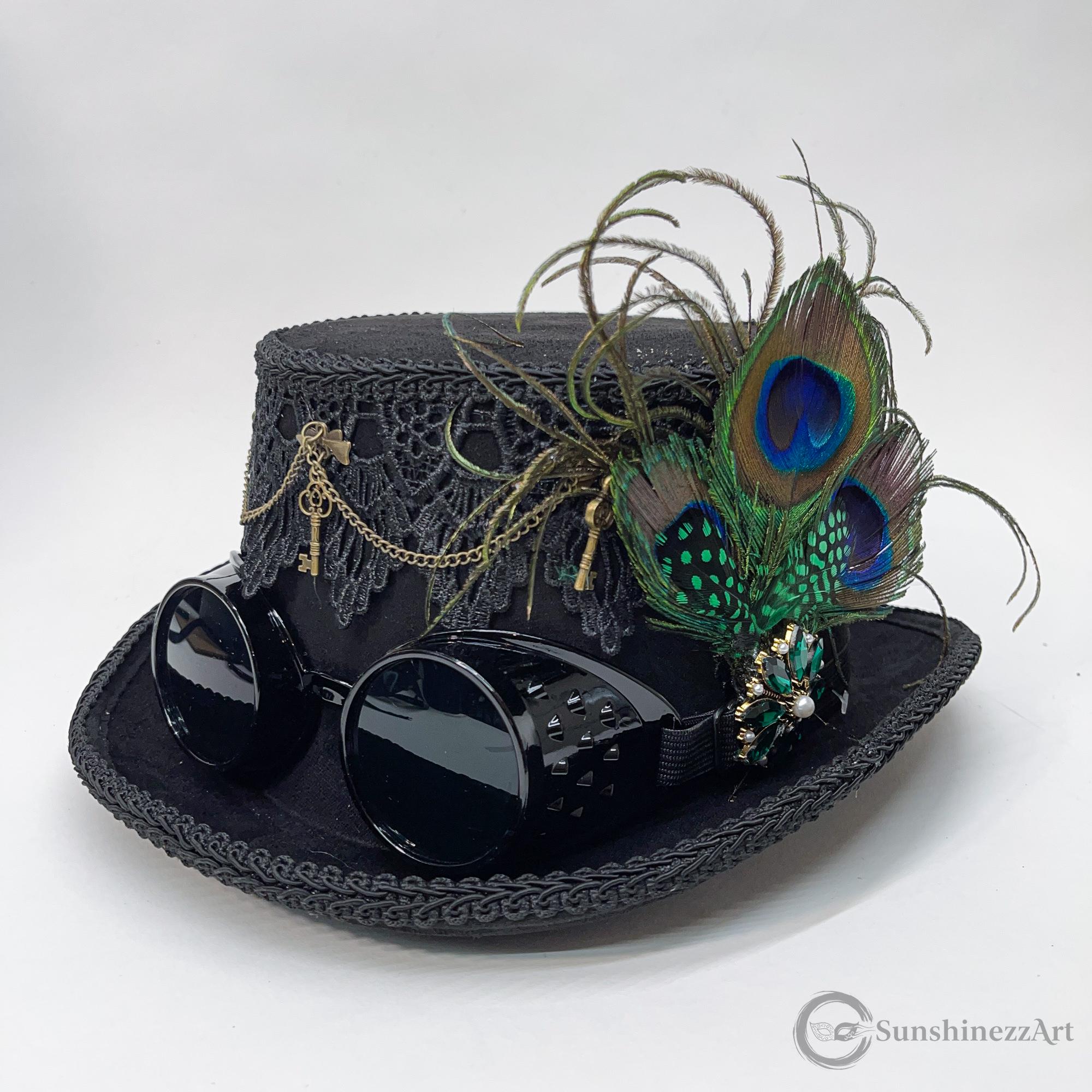 Peacock Feather Black Steampunk Top Hat With Goggles 