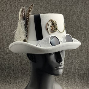 Christmas White Gothic Steampunk Costume Hat with Goggles Feathers Unisex