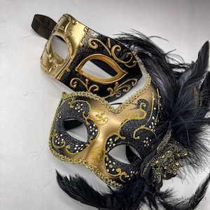 Gold and Black Masquerade Mask Set With Feathers | Venetian Style Eye ...