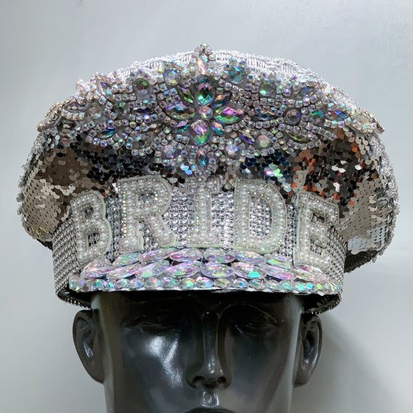 Steampunk Wedding Bride Iridescent Silver Sequin Jeweled Deluxe Captain Top Hat
