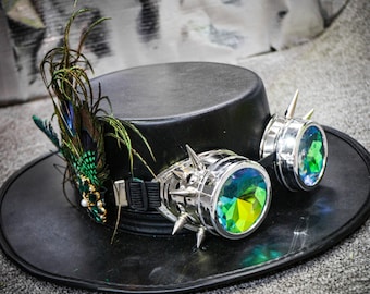 Haut de forme steampunk avec lunettes de protection et plumes de paon - Chapeau de costume gothique victorien, accessoire de cosplay de festival