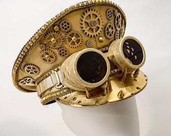 Gold Steampunk Top Hat with Goggles Gears Clockworks – Burning Man Captain Hat Victorian Gothic Costume, Festival Cosplay Accessory