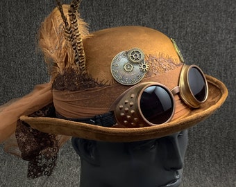 Vintage Retro Gear Style With Goggles Feather Steampunk Brown Bowler Top Hat