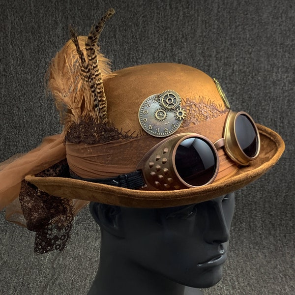 Vintage Retro Gear Style With Goggles Feather Steampunk Brown Bowler Top Hat