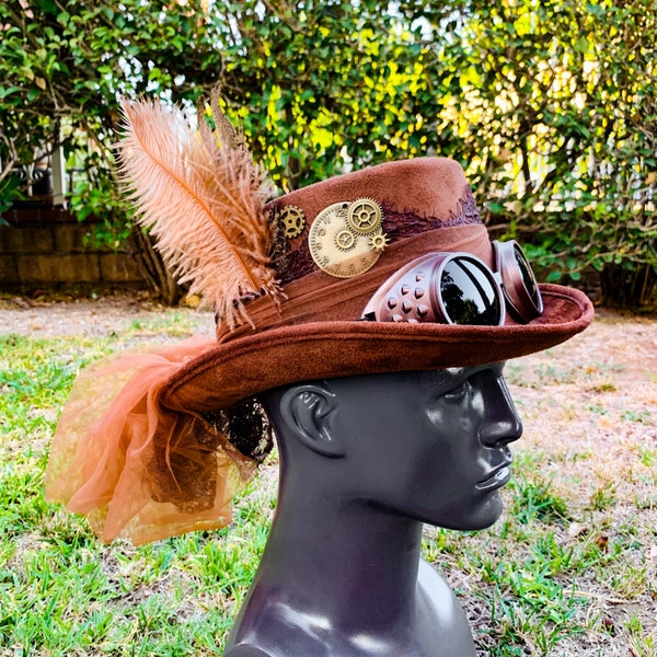 Vintage Steampunk Victorian Feather lace & Goggles Top Hat