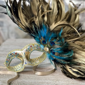 Luxury Feather Masquerade Mask for Women - Blue and Gold Feathers with Rhinestones for Prom Masquerade Ball Party