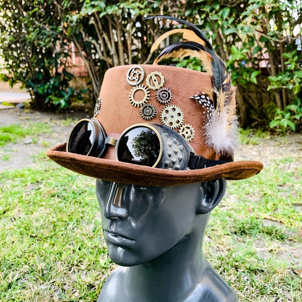 Vintage Retro Gear Style With Goggles Steampunk Burning Man Brown Top Hat