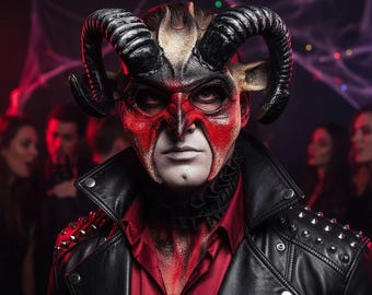 Red and Black Realistic Demonic Ram Horn Mask, Gothic Beast Masquerade, Adult Halloween Costume Accessory Party Mask