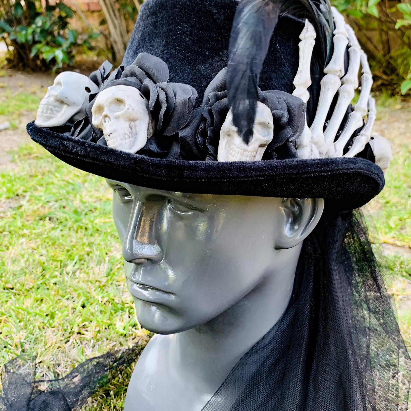 Black Steampunk Gothic Red Rose & Horn Top Hat with Eagle Vintage Hat  Halloween