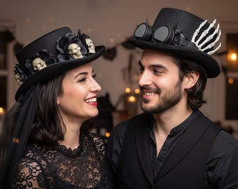 Gothic Steampunk Couple Top Hats - Matching Halloween Costume Set - Skeleton Hand Goggles & Skull Rose Veil Victorian Hats