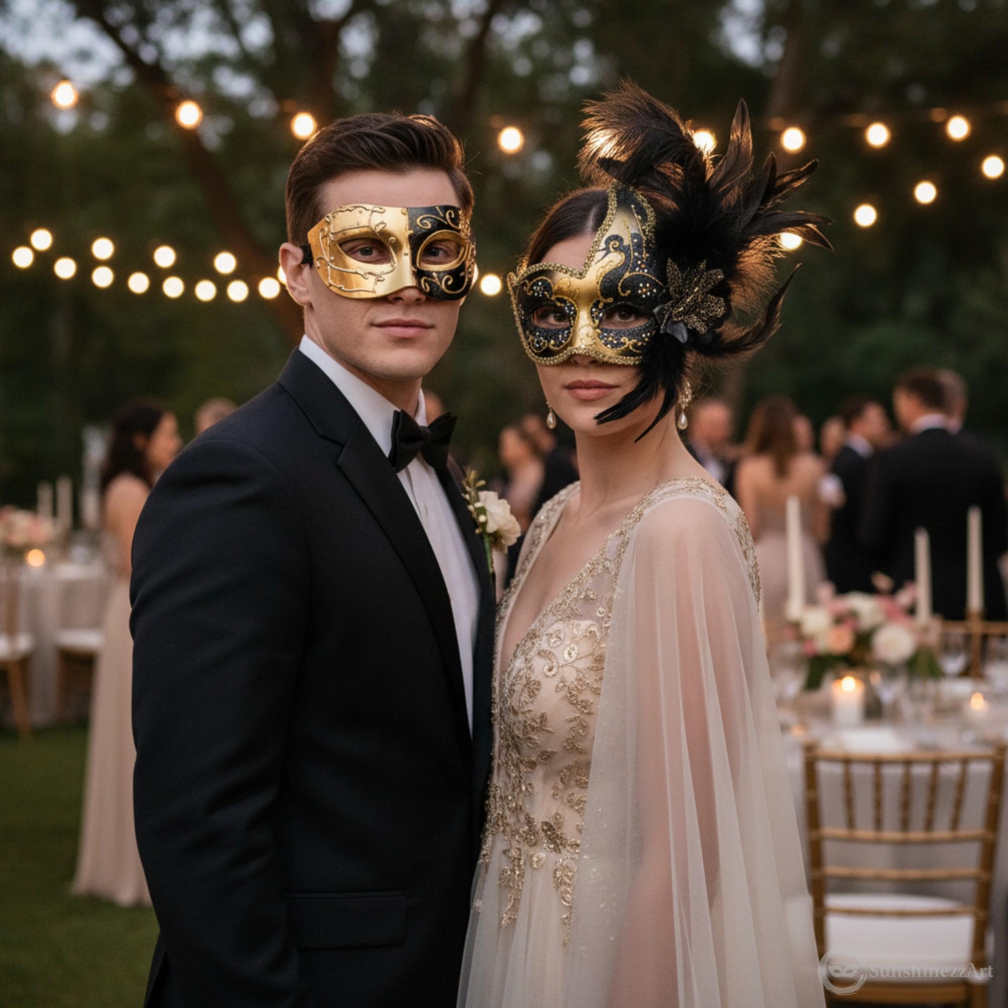 Gold and Black Masquerade Mask Set with Feathers Venetian Style Eye Masks for Couples Mardi Gras Carnival Ball Party