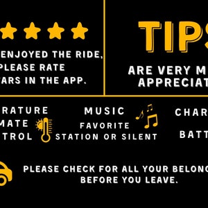 Rideshare Welcome Sign - Uber, Lyft, Taxi - Tip and Review Sign for Passengers