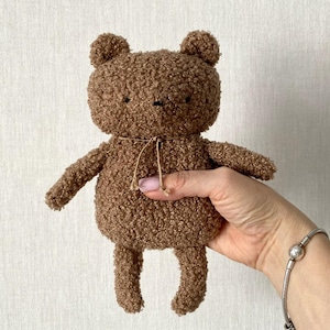 Op de afbeelding: Een bruine teddybeer met een getextureerde, pluche buitenkant. De beer heeft kleine, ronde oren, een eenvoudig gestikt gezicht en een detail van een geknoopt touwtje om zijn nek. De beer wordt in de hand van een persoon gehouden.