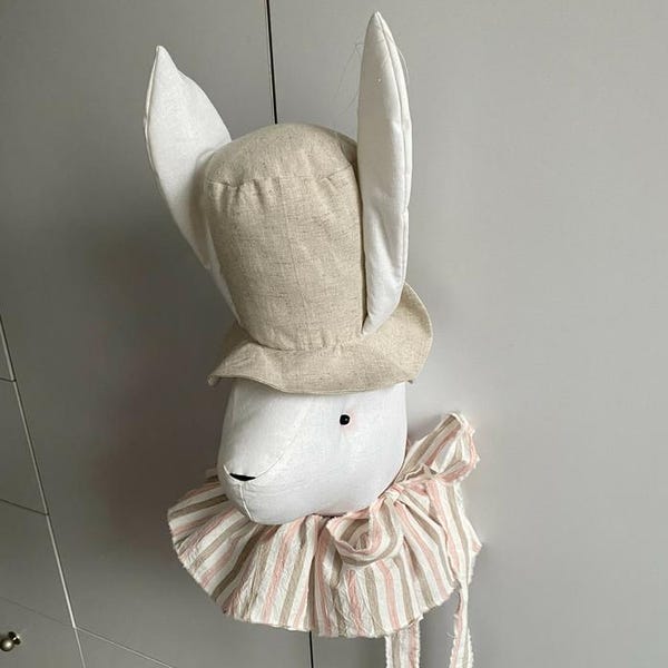White Rabbit Wall Decor Pattern PDF – Bunny Head Sewing Tutorial with Hat & Ruffle Collar | Soft Toy PDF Pattern