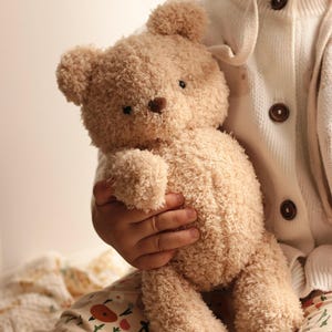 May include: A plush, light brown teddy bear with a textured, fuzzy exterior. The bear has a small, brown nose and black eyes. The bear is being held by a person wearing a white cardigan with brown buttons. The background is soft and blurred.