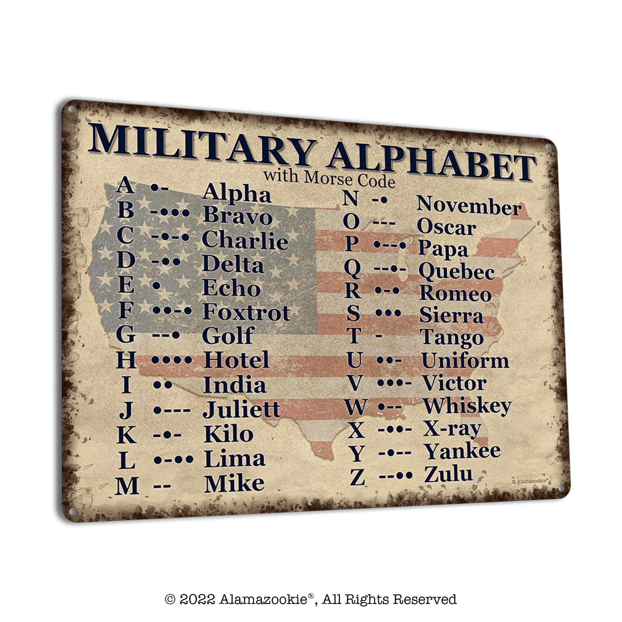 Military Alphabet with Morse Code Guide | Metal Sign | Patriotic Wall Decor With American Flag | Gift for Veterans, Ham Radio Operators