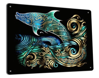 Tribal Inspired Wall Decor | Metal Sign | Ocean Themed Design Influenced by Ainu, African, Polynesian, Native American, Aztec Styles