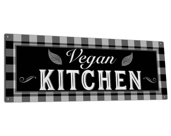 Vegan Kitchen | Black & White Buffalo Plaid Metal Sign | For Home, Restaurant or Business | Gifts for Vegans, Vegetarians or Fruitarians