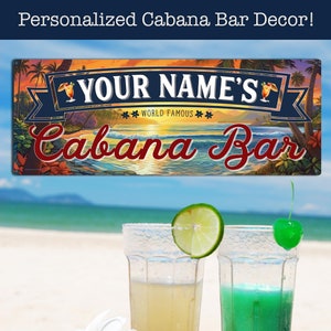 Może przedstawiać: Niebiesko-czerwony znak z widokiem zachodu słońca i palmami. Na znaku widnieje napis "Your Name's World Famous Cabana Bar".