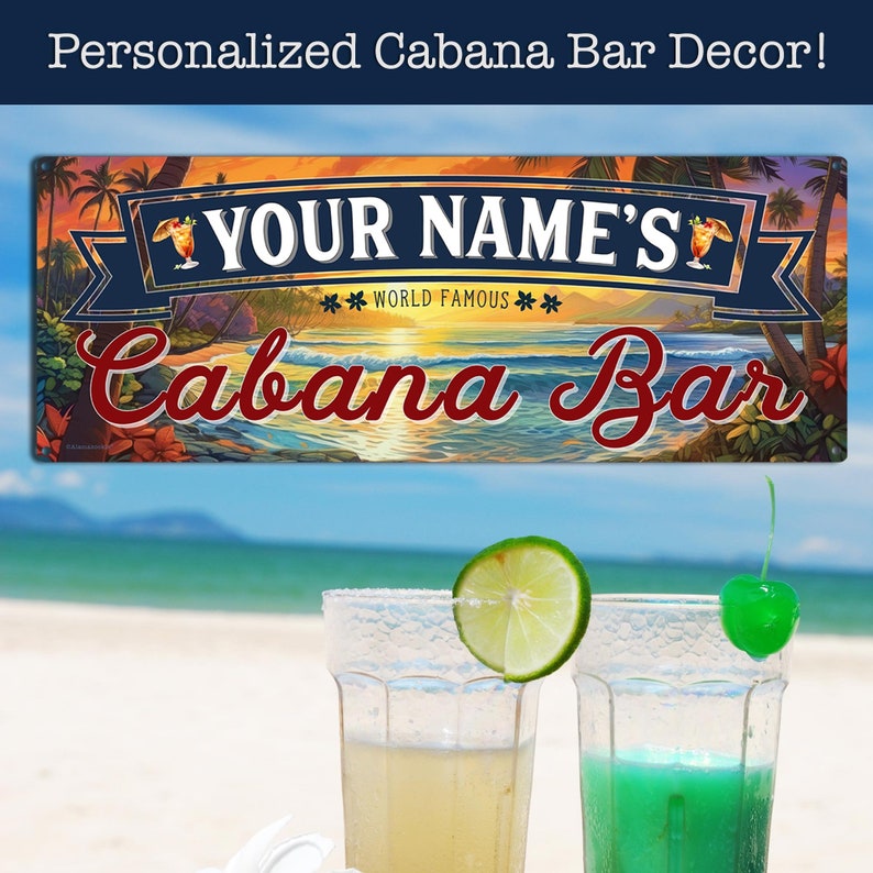 Może przedstawiać: Niebiesko-czerwony znak z widokiem zachodu słońca i palmami. Na znaku widnieje napis "Your Name's World Famous Cabana Bar".