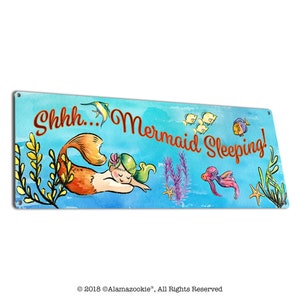 Shhh Mermaid Sleeping, Metal Sign, Small Placard, Girls Room Decor, Beach Theme Wall Art Decorations for Little Kids, Toddlers and Baby
