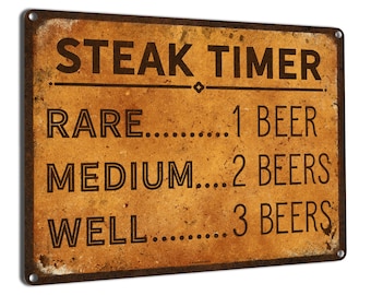 Steak Timer | Metal Beer Lover Sign | Home & Bar Decor for Garage, Man Cave, Craft Breweries, Pubs, Taverns, Saloons and Restaurants