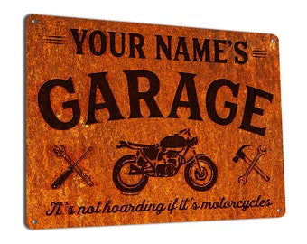 Funny Personalized Metal Garage Signs for Abuelo, Grandpa, Papa, Kevin, Michael, Joe, Manny & More | It's Not Hoarding If It's Motorcycles