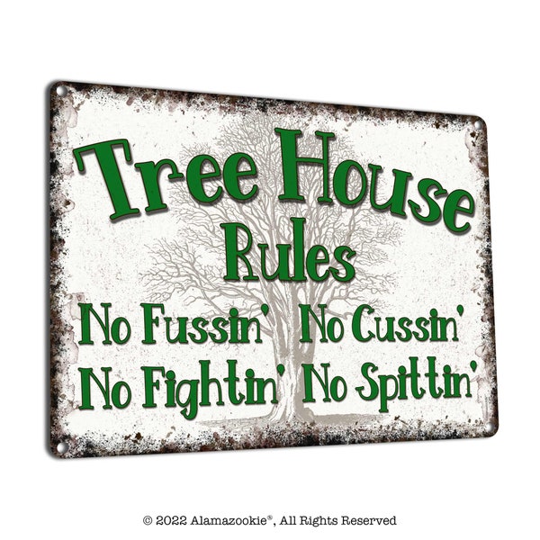 Tree House Rules | Metal Sign | Rustic Wall or Yard Decor for Home, Garden, Kids' Room, Club House, Camper | Gifts for Kids or Grandkids