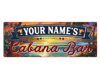 Personalized Cabana Bar Sign | Colorful Metal Sign for Outdoor BBQ Area, Patio, Palapa, Camping | Gifts for People Who Love to Entertain