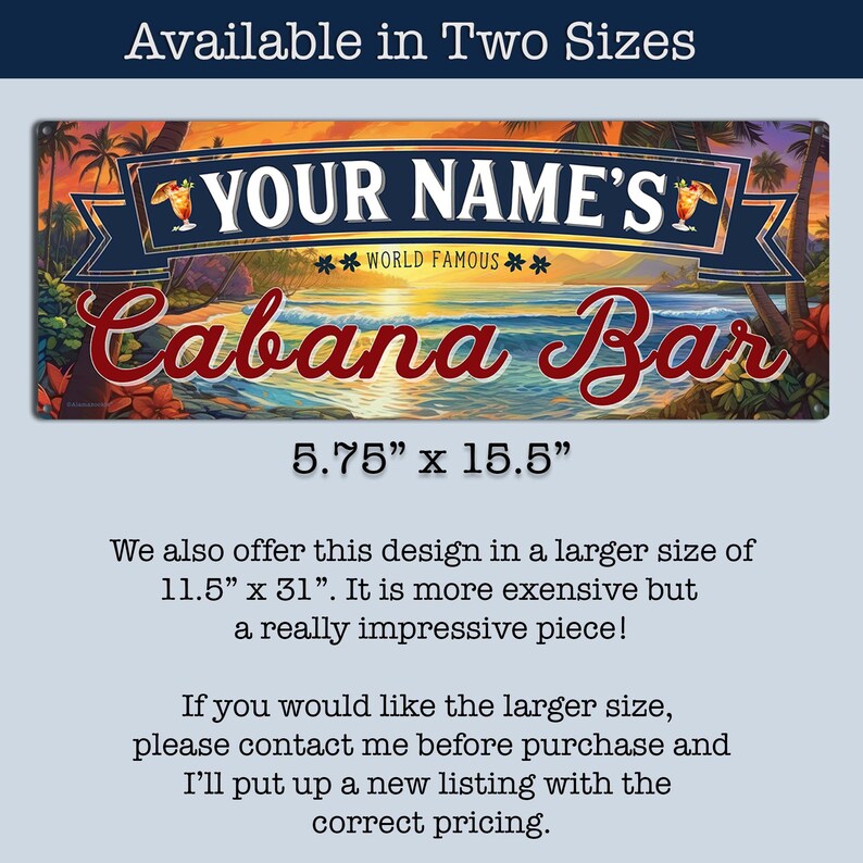 Może przedstawiać: Kolorowy metalowy znak z tropikalnym zachodem słońca, palmami i falami oceanu. Znak zawiera napis "YOUR NAME'S WORLD FAMOUS Cabana Bar" i jest dostępny w dw&oacute;ch rozmiarach: 14,6 cm x 39,4 cm i 29,2 cm x 78,7 cm.