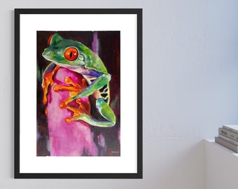 Stampa artistica di una rana dagli occhi rossi colorata, arte murale su tela, decorazione murale di una rana, stampa su tela di una rana, grande opera d'arte su tela per la camera da letto - Italia