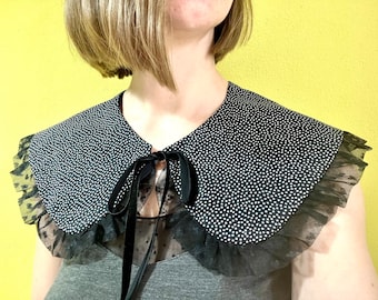 Detachable Total Black Collar with White Polka Dots, Tulle Ruffle, and Velvet Bow, Oversized Peter Pan Removable Bib Necklace Accessory