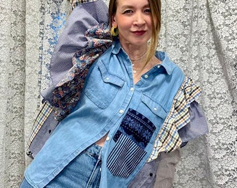 Upcycled patchwork oversize shirt with ruffles, Checkered quality cotton fabric, One of a kind OOAK, Unique clothes for women, One size M-L