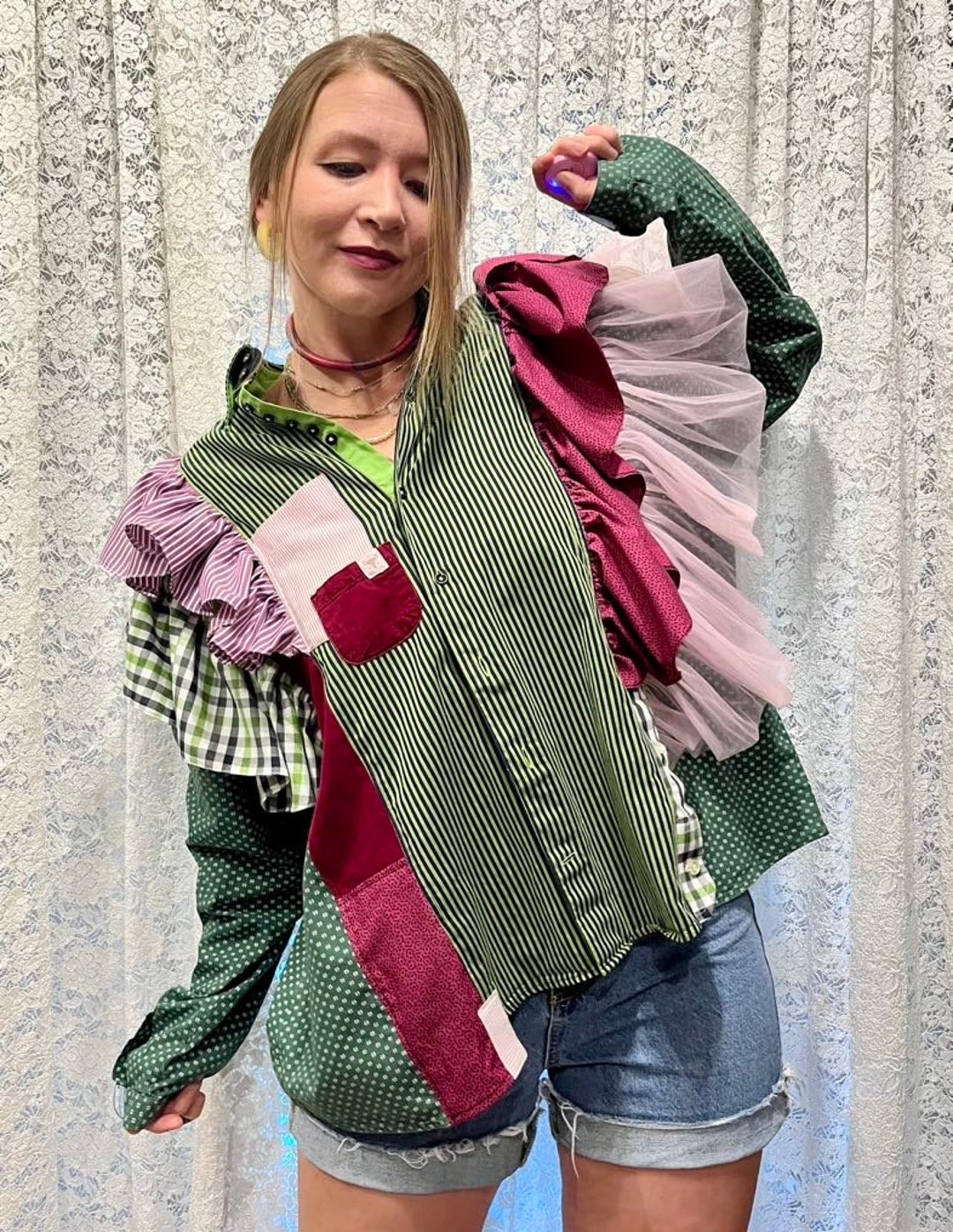 Upcycled Patchwork Oversize Shirt With Ruffles Checkered - Etsy