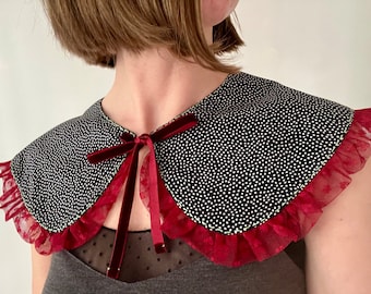 Detachable Black Collar with White Polka Dots, Dark Red Tulle Ruffle, and Velvet Bow, Oversized Peter Pan Removable Bib Necklace Accessory