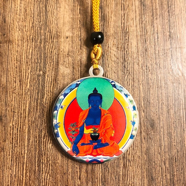 Medicine Buddha Pendant on Golden Cord | Buddha of Healing | Blessed by Tibetan Buddhist Lama | 1.5 Inches in Diameter |