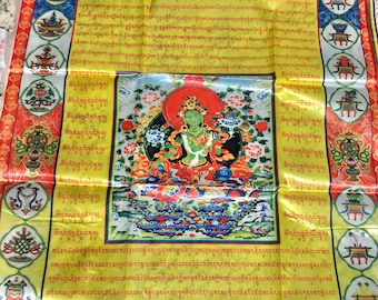 Grande oração vertical de Tara verde | 38x28 polegadas | 彩色竖挂经幡西藏绸布经旗风马旗竖旗