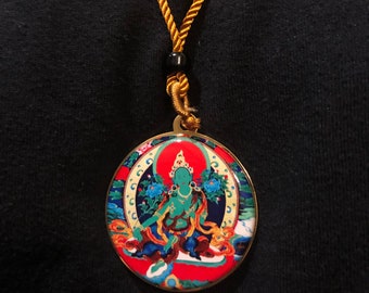 Green Tara Pendant on Golden Cord | Blessed by Tibetan Buddhist Lama | 1.5 Inches in Diameter | Proceeds Benefit Meditation Center