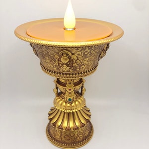 Large Tibetan Buddhist Meditation Altar Lamp | Safe Alternative | LED Electronic Rechargeable Lamp | Ships from USA | 7 Inches Tall