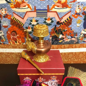 Gold Plated Copper Bhumpa | Fine Quality | 6 Inches Tall, 3 Inches Wide | Handmade in Nepal | Comes with Feather Top and Skirt | 代灌顶供具铜奔巴壶宝瓶