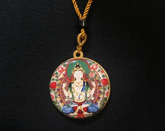 Chenrezik(Avalokiteshvara) Pendant on Golden Cord | Blessed by Tibetan Buddhist Lama | Om Mani Peme Hung Mantra | 1.5 Inches in Diameter |