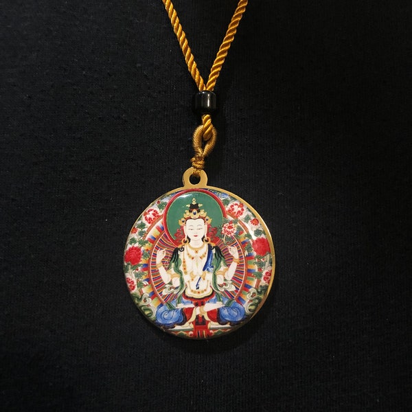 Chenrezik(Avalokiteshvara) Pendant on Golden Cord | Blessed by Tibetan Buddhist Lama | Om Mani Peme Hung Mantra | 1.5 Inches in Diameter |