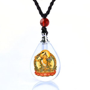 Manjushri Pendant on Cord | Bodhisattva of Wisdom |  Tear-Drop Shaped Pendant | 1 Inch in Diameter | Blessed by Tibetan Buddhist Lama