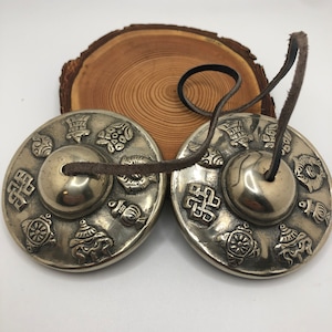 Large Tibetan Tingsha Cymbals Eight Auspicious Symbols Handmade by Artisans in Nepal 2.75 inches in Diameter image 1