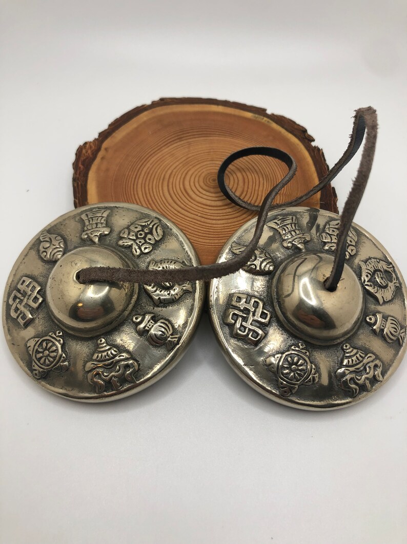 Large Tibetan Tingsha Cymbals Eight Auspicious Symbols Handmade by Artisans in Nepal 2.75 inches in Diameter image 1