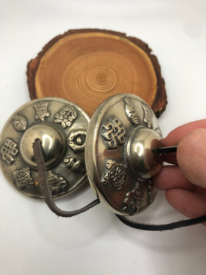 Large Tibetan Tingsha Cymbals Eight Auspicious Symbols Handmade by Artisans in Nepal 2.75 inches in Diameter image 3