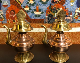 Copper & Brass Tibetan Bhumpas | Set of Two Bhumpas with Feather Tops | 6 Inches Tall, 3 Inches Wide | Made in Nepal