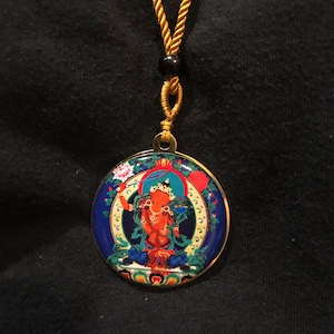 Manjushri Pendant Necklace on Golden Cord | 1.5 Inches in Diameter | Bodhisattva of Wisdom | Blessed by Tibetan Buddhist Lama