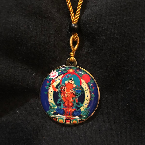 Manjushri Pendant on Golden Cord | 1.5 Inches in Diameter | Bodhisattva of Wisdom | Blessed by Tibetan Buddhist Lama