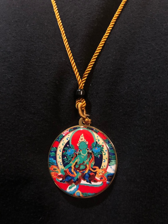 Green Tara Pendant Necklace on Golden Cord Blessed by Tibetan
